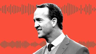 Photo illustration of Peyton Manning in front of sound wave graphic shapes